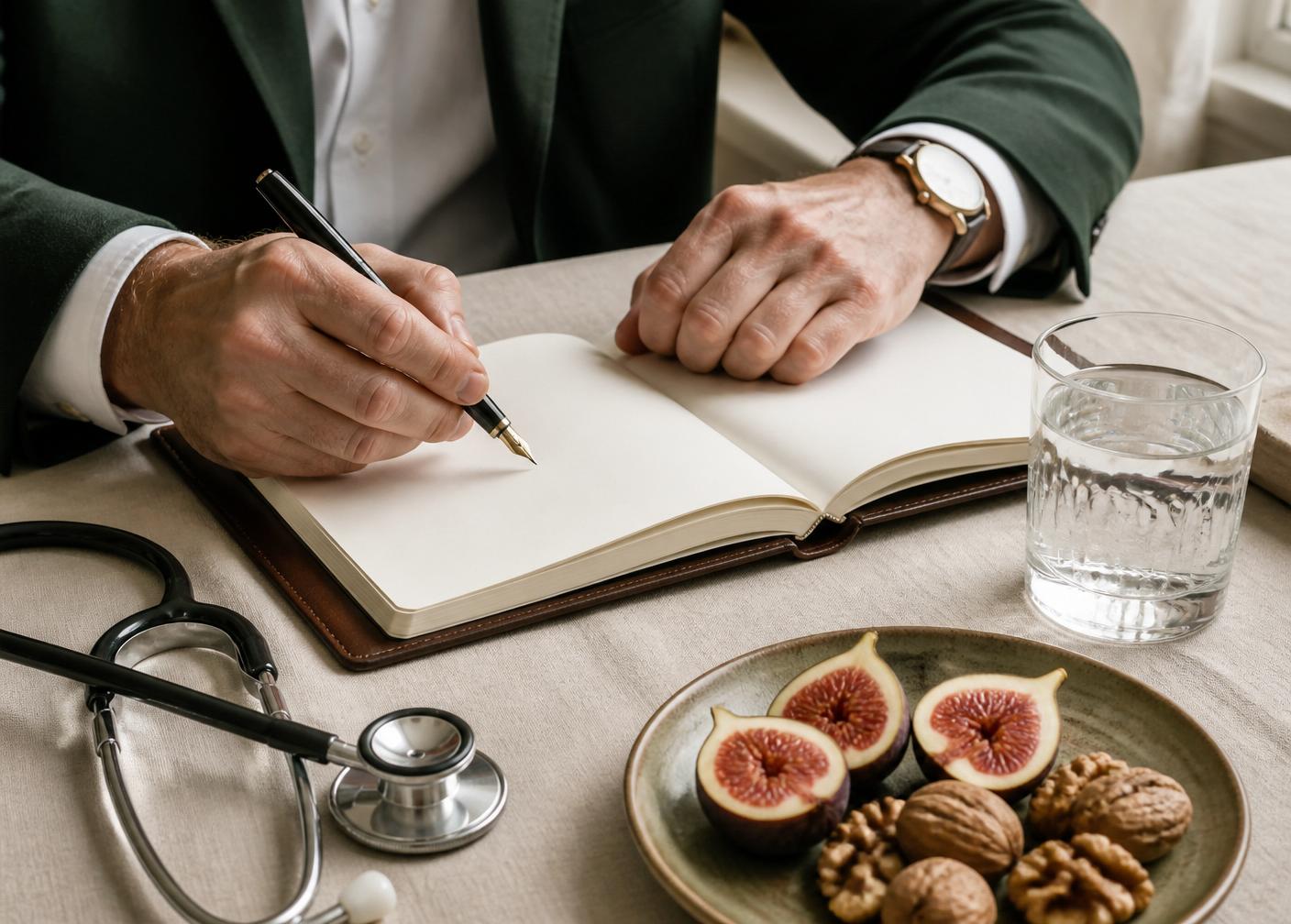 Mani del medico che scrivono su un quaderno