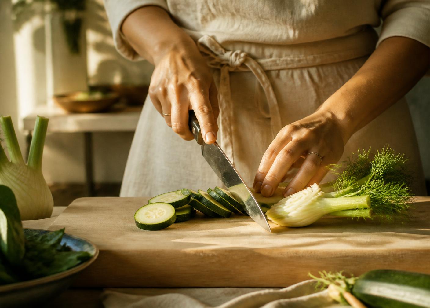 Mani che affettano zucchine e finocchio su un tagliere di legno