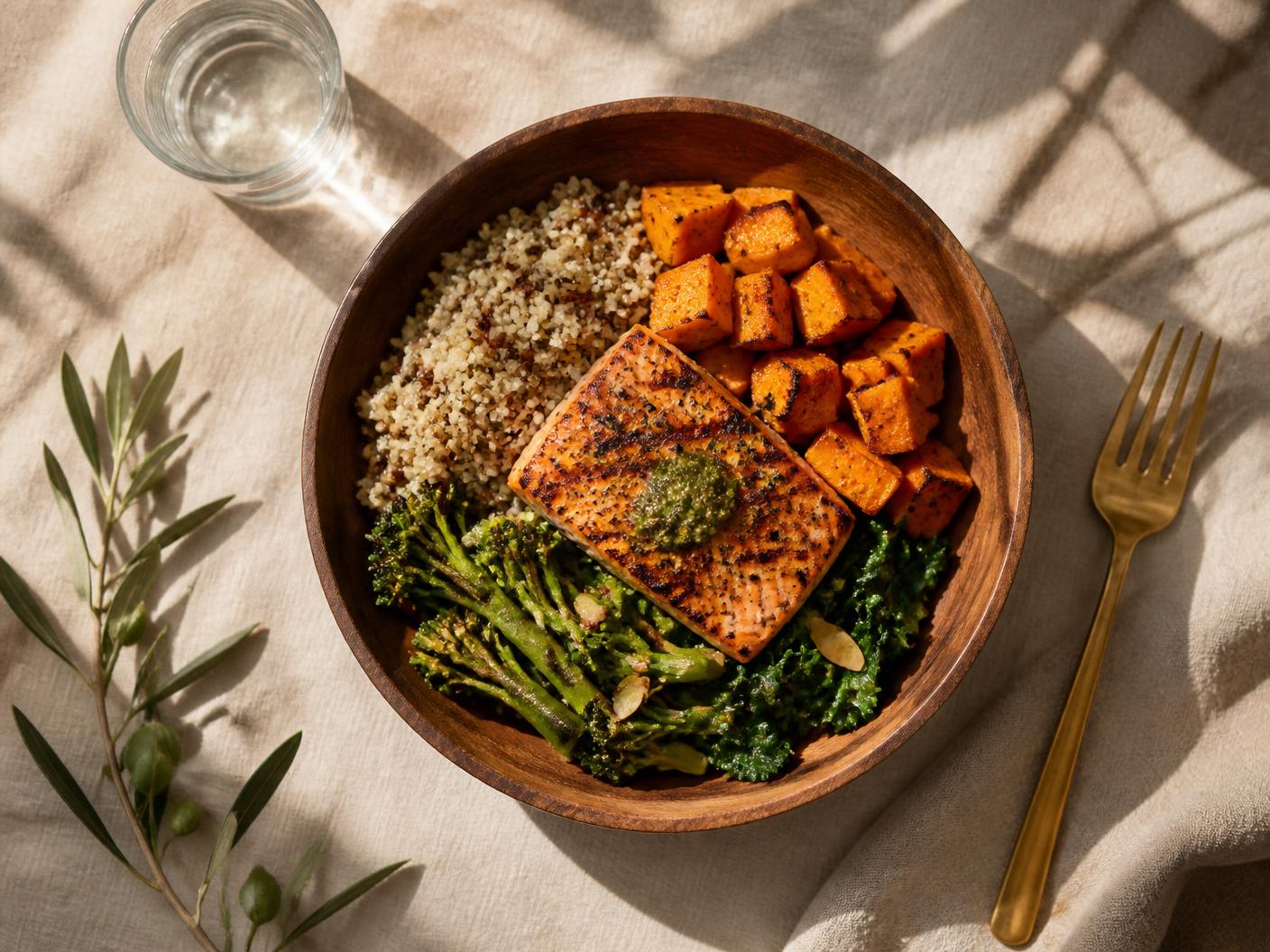 Ciotola di quinoa, salmone alla griglia, patate dolci arrosto e verdure verdi